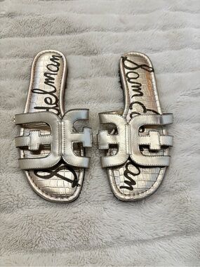 Sam Edelman Gold Metallic Leather Logo Slide Sandals Size 9.5